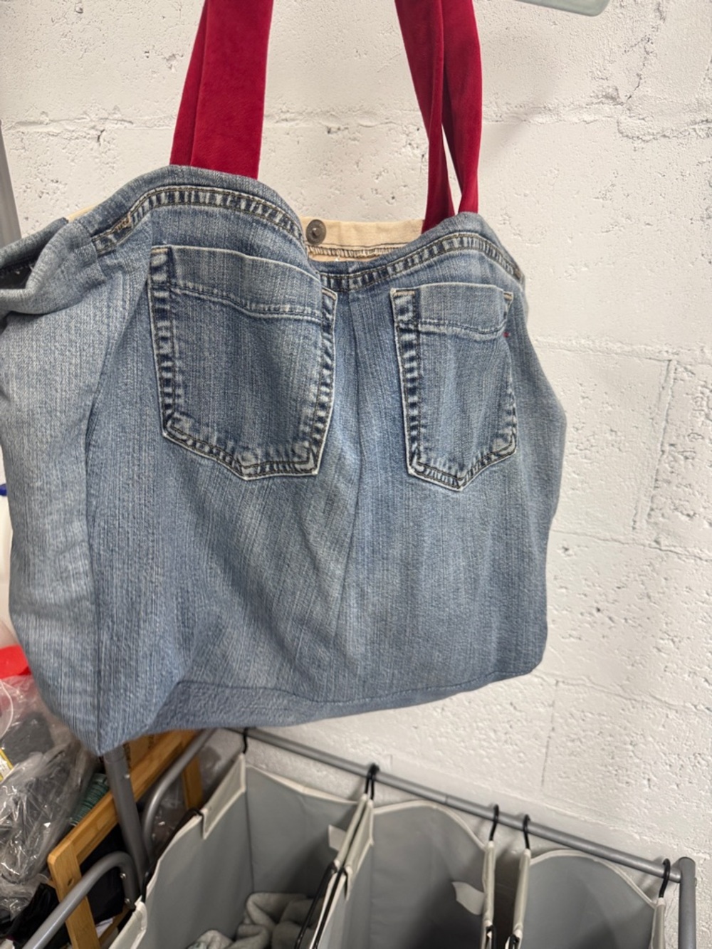 Gucci Upcycled Canvas Tote Red Straps Green Tennis Graphic - Denim Pockets - Picture 6 of 7